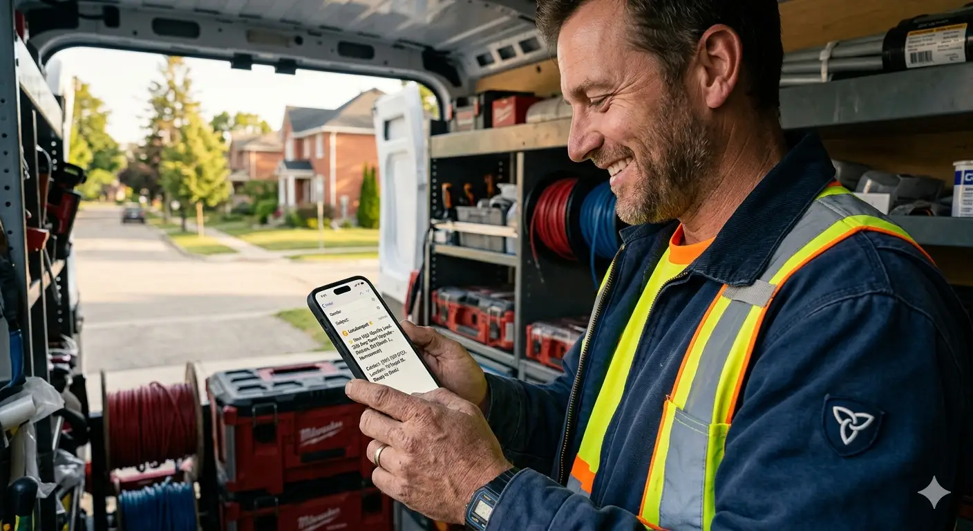 Tradesperson in his work van reading a new LocalAmped lead notification on his phone